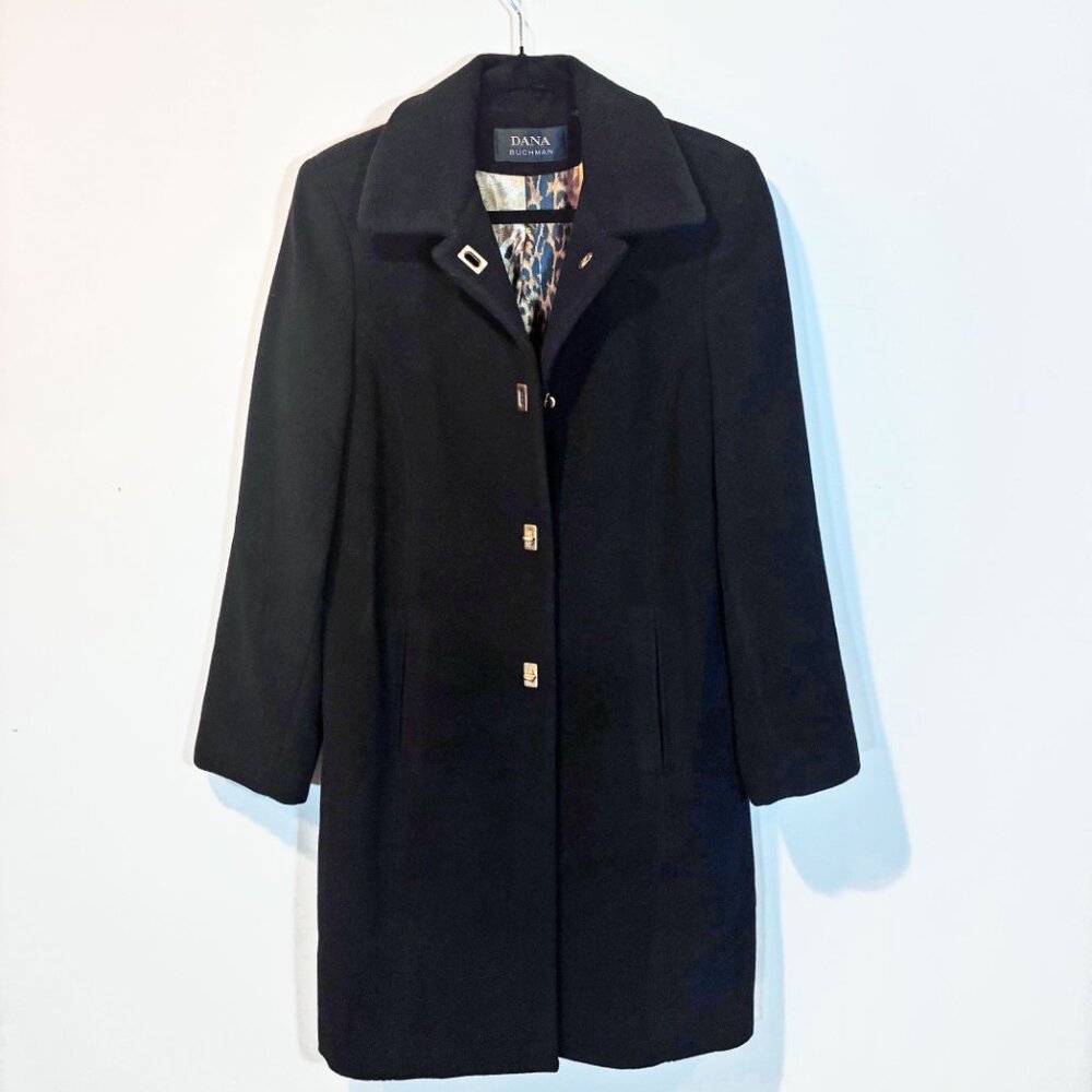 Dana Buchman Womens Wool Black Coat Size 10 Brass Button Mid-Length Nordstrom